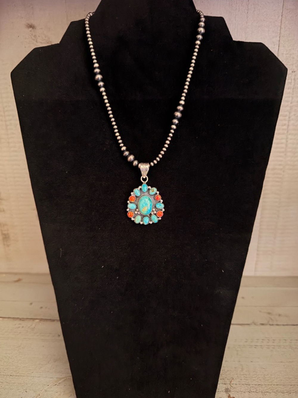 Kingman Turquoise and Fire Opal Pendant on 14” Navajo Pearls  - Women Jewelry